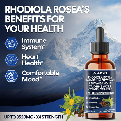17in1 Rhodiola Rosea Liquid Drops with blend Ashwagandha Magnesium, L-Theanine. Ultra Strength Rhodiola Cortisol Supplement, Rhodiola Root for Support Relaxation, Mood, Energy - 1 FL Oz - 60 Day - dailyvitalstore