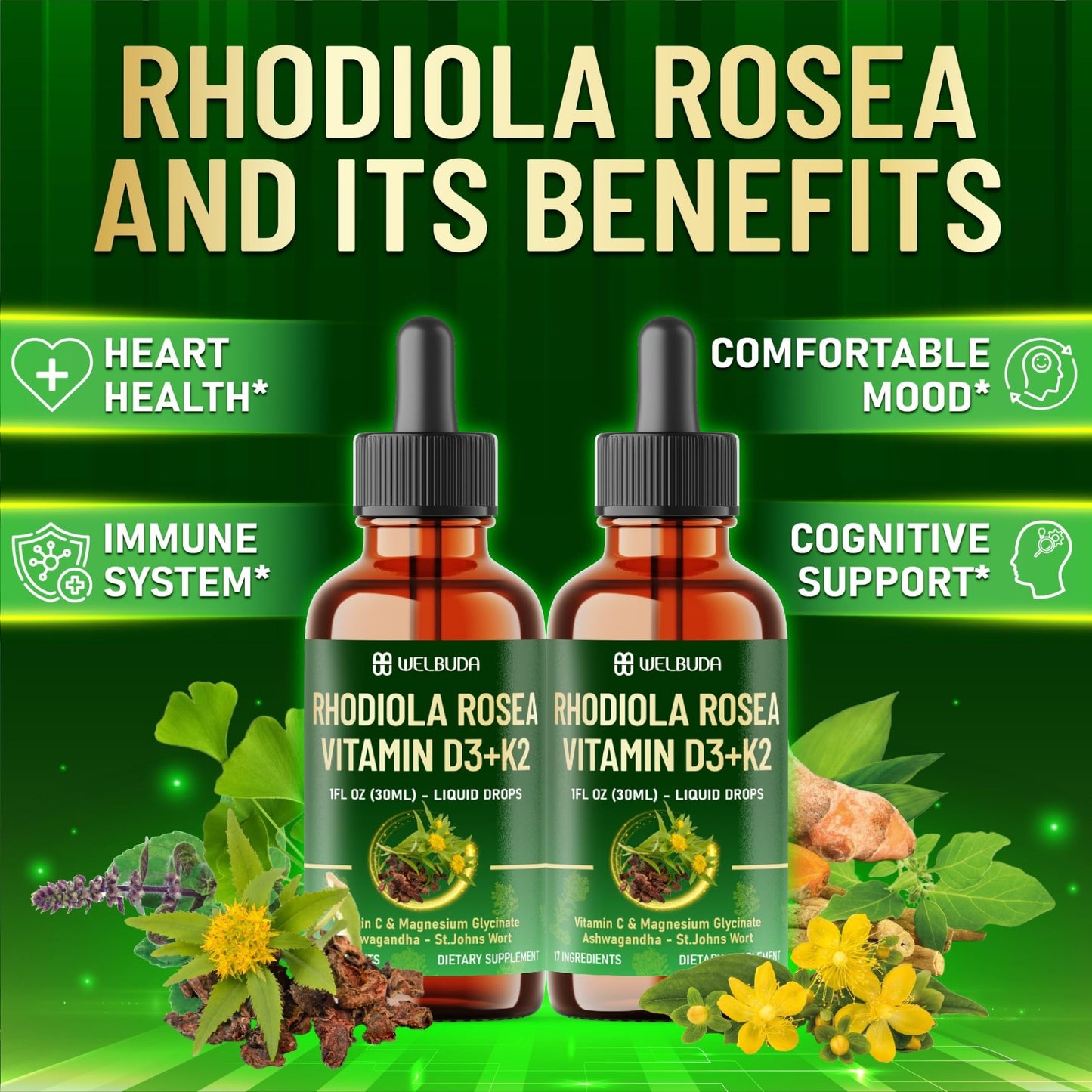17in1 Rhodiola Rosea Liquid Supplement with Ashwagandha, Magnesium Glycine, L-Theanine, Vitamin C, Vitamin D3, Vitamin K2, Ginkgo, Turmeric, Holy Basil and More - 1 FL Oz - 60 Day Supply - dailyvitalstore