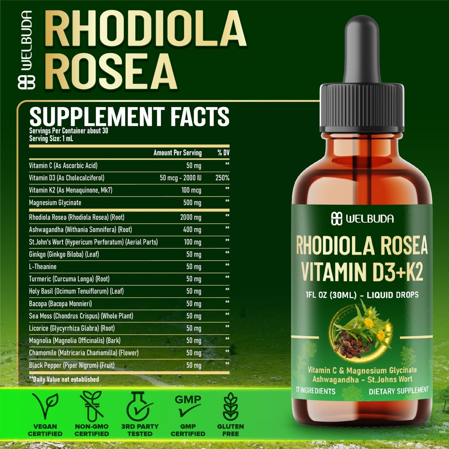 17in1 Rhodiola Rosea Liquid Supplement with Ashwagandha, Magnesium Glycine, L-Theanine, Vitamin C, Vitamin D3, Vitamin K2, Ginkgo, Turmeric, Holy Basil and More - 1 FL Oz - 60 Day Supply - dailyvitalstore