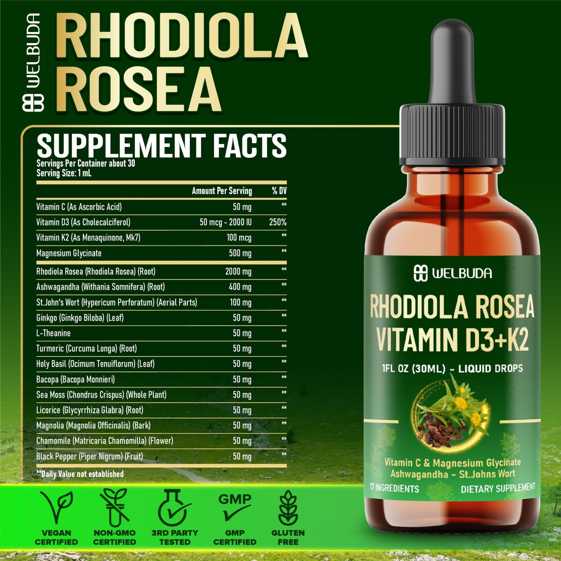 17in1 Rhodiola Rosea Liquid Supplement with Ashwagandha, Magnesium Glycine, L-Theanine, Vitamin C, Vitamin D3, Vitamin K2, Ginkgo, Turmeric, Holy Basil and More - 1 FL Oz - 60 Day Supply - dailyvitalstore