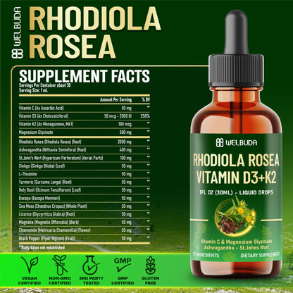17in1 Rhodiola Rosea Liquid Supplement with Ashwagandha, Magnesium Glycine, L-Theanine, Vitamin C, Vitamin D3, Vitamin K2, Ginkgo, Turmeric, Holy Basil and More - 1 FL Oz - 60 Day Supply - dailyvitalstore