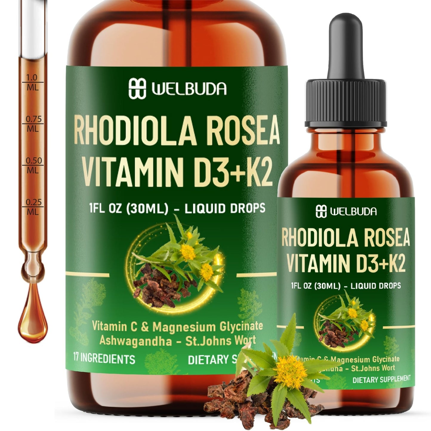 17in1 Rhodiola Rosea Liquid Supplement with Ashwagandha, Magnesium Glycine, L-Theanine, Vitamin C, Vitamin D3, Vitamin K2, Ginkgo, Turmeric, Holy Basil and More - 1 FL Oz - 60 Day Supply - dailyvitalstore