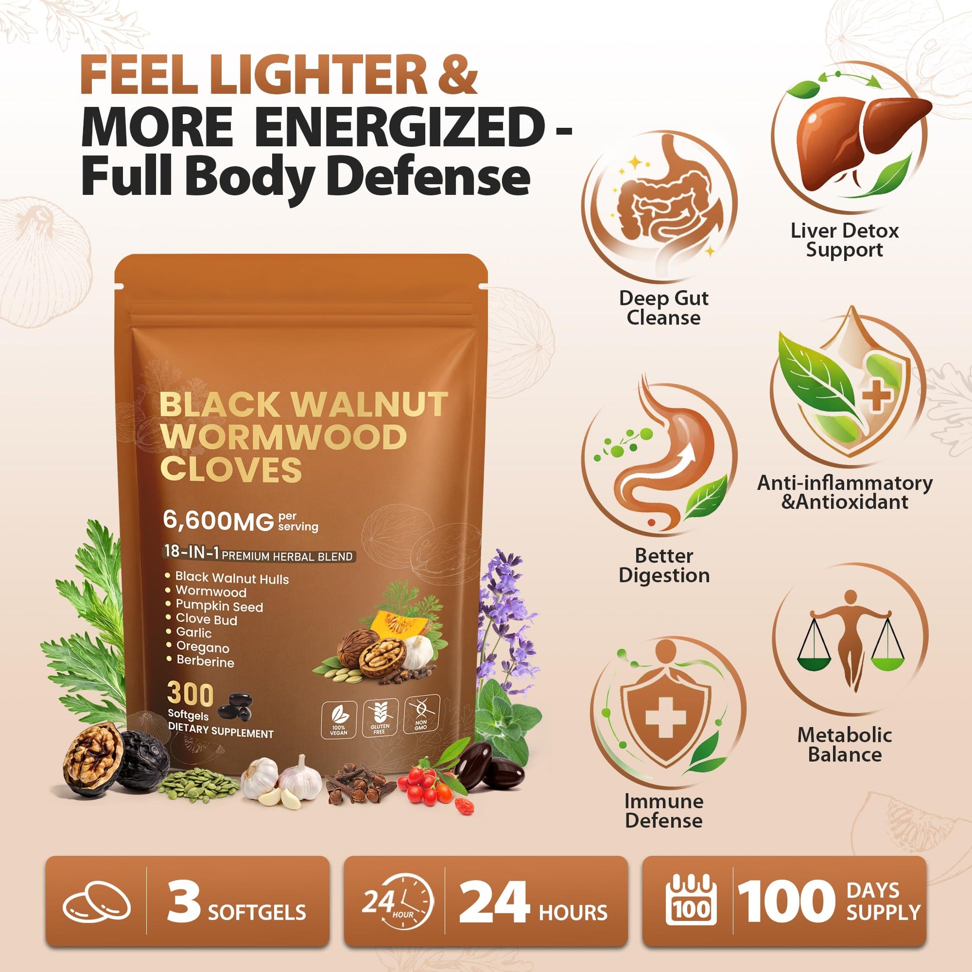 18-in-1 Wormwood Black Walnut Clove Parasite Cleanse | Gut Cleanse & Detox ,Digestive Balance with Garlic, Turmeric, Pumpkin Seed, Oregano - dailyvitalstore