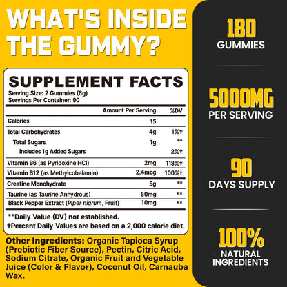 (180 Count) Creatine Monohydrate Gummies for Men & Women - Creatine Pre Workout Gummies for Muscle Builder, Muscle Strength, Recovery, Endurance, Energy, - dailyvitalstore