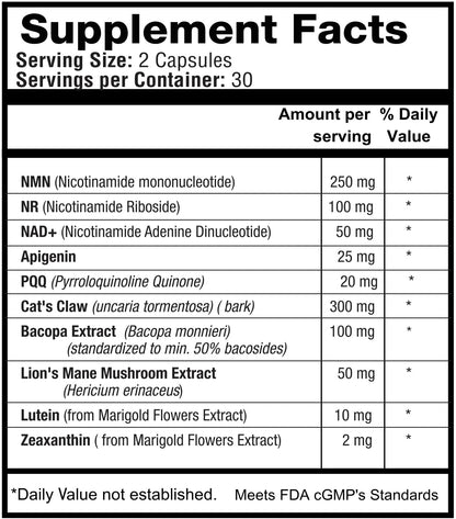 1LifeScience Cognition & Vision Support Supplement – NMN, Lion’s Mane, Cat’s Claw, Apigenin, PQQ & Lutein – NAD+ Support Formula – cGMP Made in USA – 60 Caps - dailyvitalstore