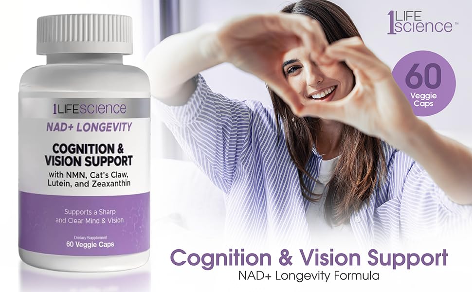 1LifeScience Cognition & Vision Support Supplement – NMN, Lion’s Mane, Cat’s Claw, Apigenin, PQQ & Lutein – NAD+ Support Formula – cGMP Made in USA – 60 Caps - dailyvitalstore