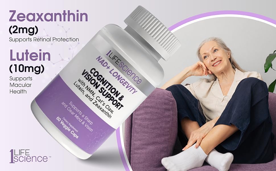 1LifeScience Cognition & Vision Support Supplement – NMN, Lion’s Mane, Cat’s Claw, Apigenin, PQQ & Lutein – NAD+ Support Formula – cGMP Made in USA – 60 Caps - dailyvitalstore