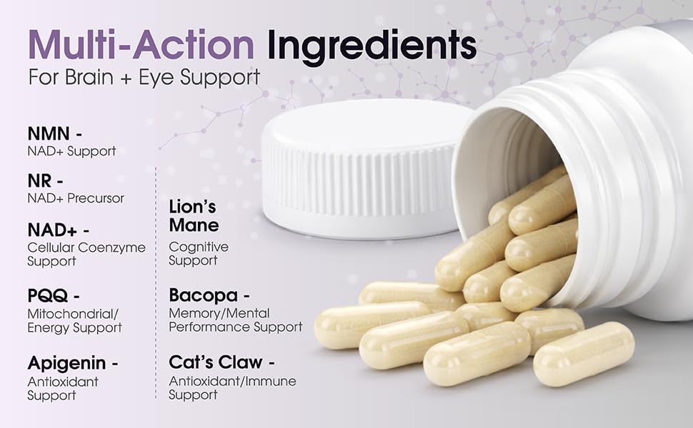 1LifeScience Cognition & Vision Support Supplement – NMN, Lion’s Mane, Cat’s Claw, Apigenin, PQQ & Lutein – NAD+ Support Formula – cGMP Made in USA – 60 Caps - dailyvitalstore