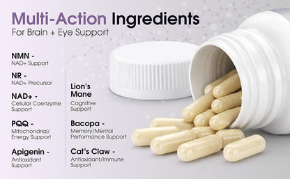 1LifeScience Cognition & Vision Support Supplement – NMN, Lion’s Mane, Cat’s Claw, Apigenin, PQQ & Lutein – NAD+ Support Formula – cGMP Made in USA – 60 Caps - dailyvitalstore