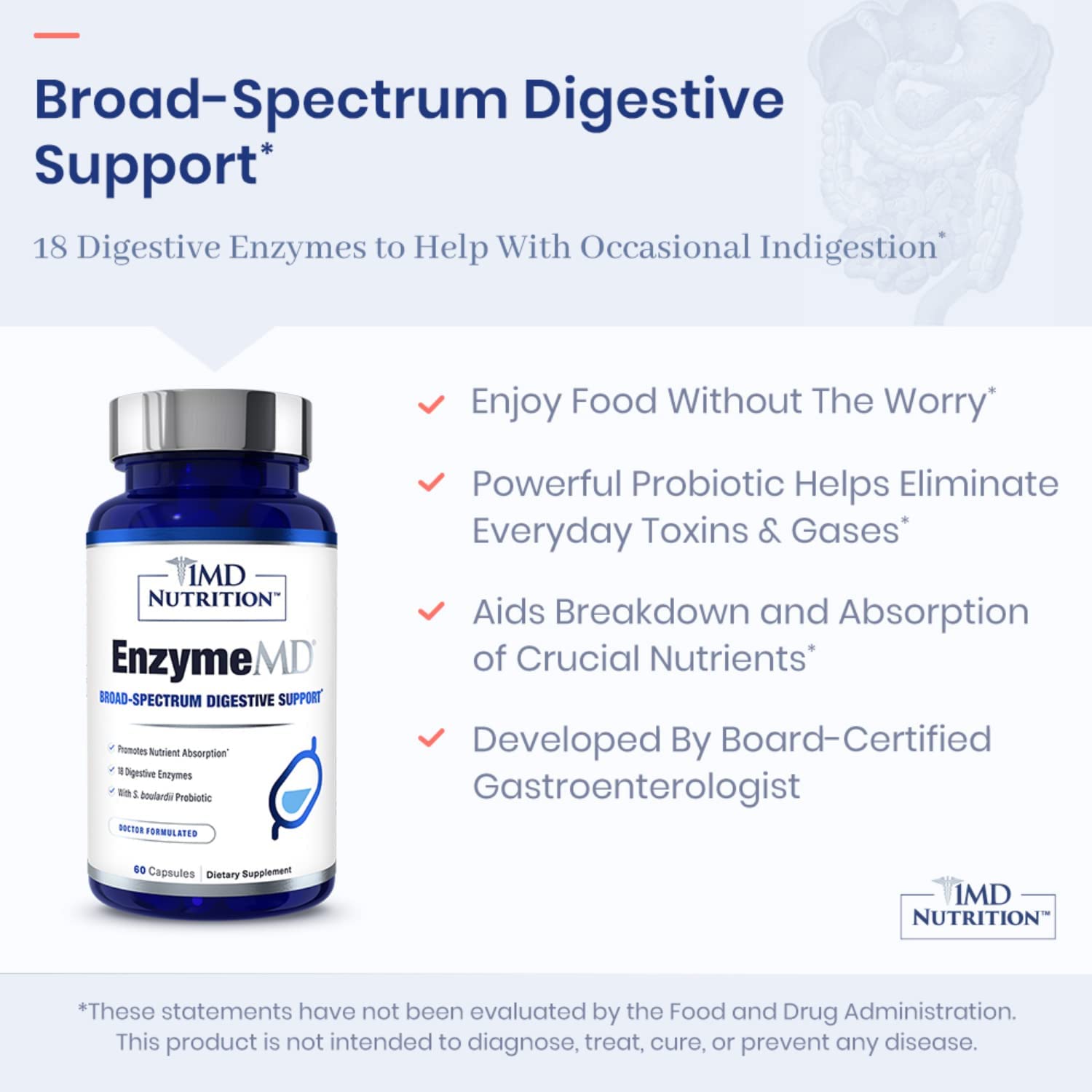 1MD Nutrition EnzymeMD - Digestive Enzymes Supplement - Doctor Formulated | 18 Plant-Based Enzymes - Gas & Bloating Support | 60 Capsules - dailyvitalstore