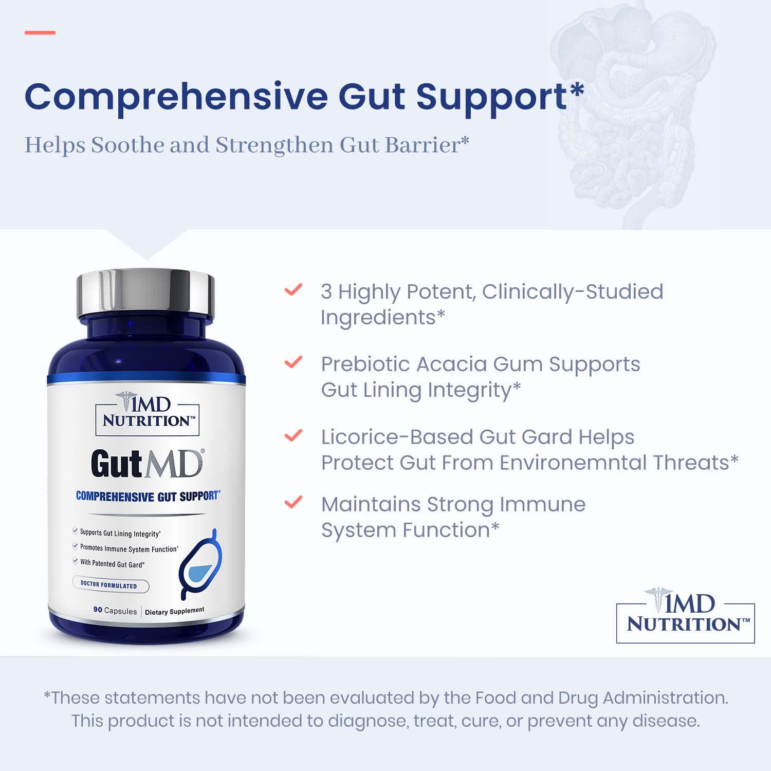 1MD Nutrition GutMD - L-Glutamine Capsules w/Prebiotic for Gut Health - L Glutamine Supplement - Supports Healthy Digestive - dailyvitalstore