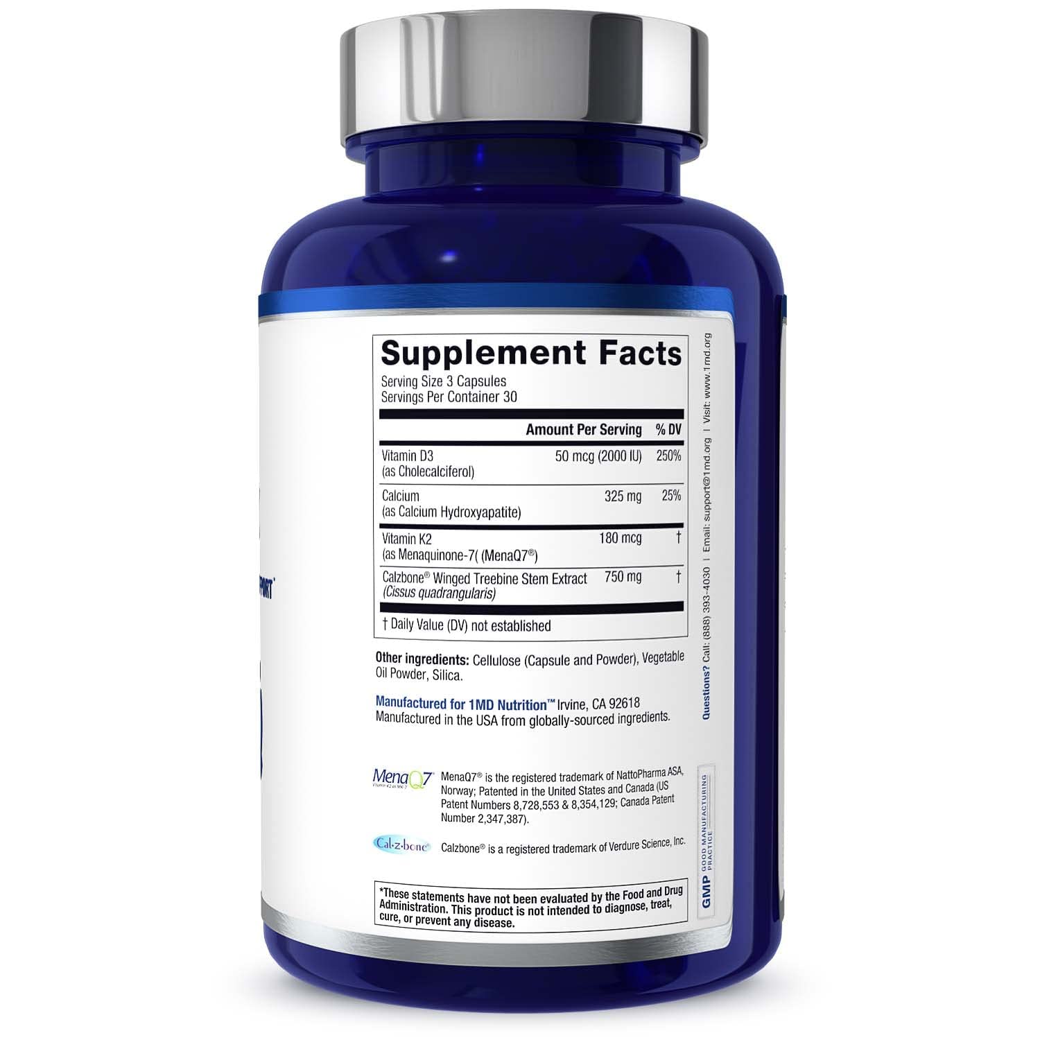 1MD Nutrition OsteoMD for Comprehensive Bone Support | with Calcium Hydroxyapatite, Vitamin D3 & K2 | 180 Capsules (2-Pack) - dailyvitalstore