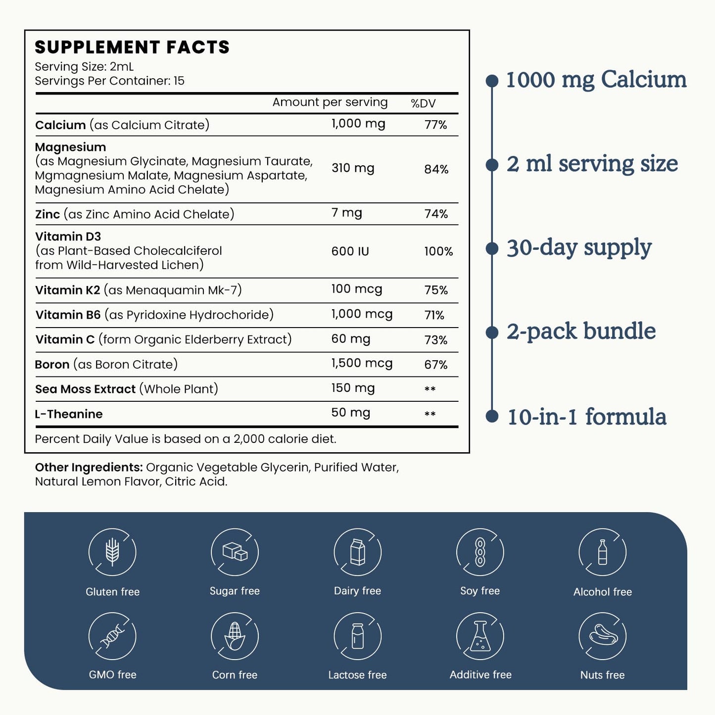 (2 Pack) 10 in 1 Magnesium Calcium Zinc Supplement with Vitamin C D3 K2, Glycinate Mag Vegan Liquid Drops Plus L-Theanine Boron Sea Moss Extract, Immune Support - dailyvitalstore