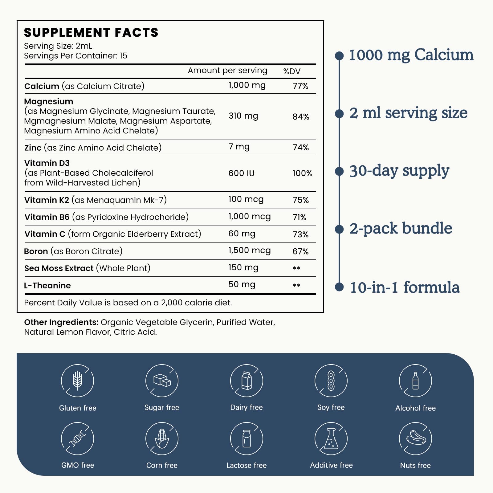 (2 Pack) 10 in 1 Magnesium Calcium Zinc Supplement with Vitamin C D3 K2, Glycinate Mag Vegan Liquid Drops Plus L-Theanine Boron Sea Moss Extract, Immune Support - dailyvitalstore