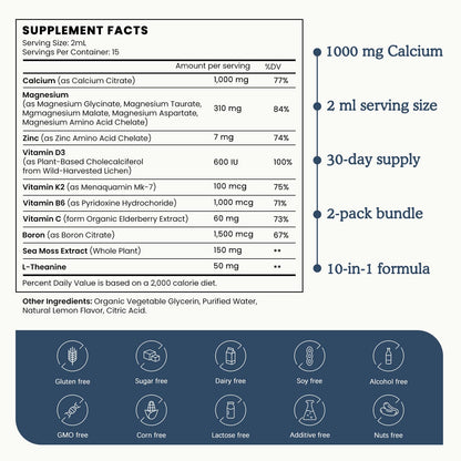(2 Pack) 10 in 1 Magnesium Calcium Zinc Supplement with Vitamin C D3 K2, Glycinate Mag Vegan Liquid Drops Plus L-Theanine Boron Sea Moss Extract, Immune Support - dailyvitalstore