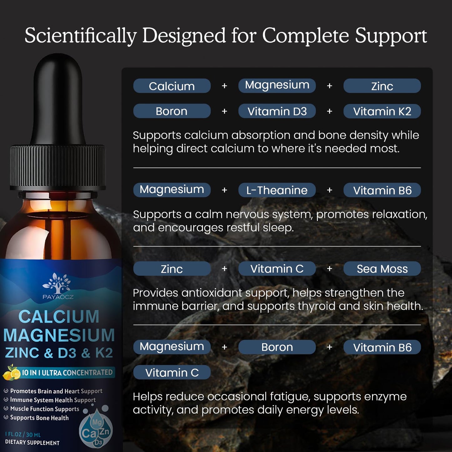 (2 Pack) 10 in 1 Magnesium Calcium Zinc Supplement with Vitamin C D3 K2, Glycinate Mag Vegan Liquid Drops Plus L-Theanine Boron Sea Moss Extract, Immune Support - dailyvitalstore