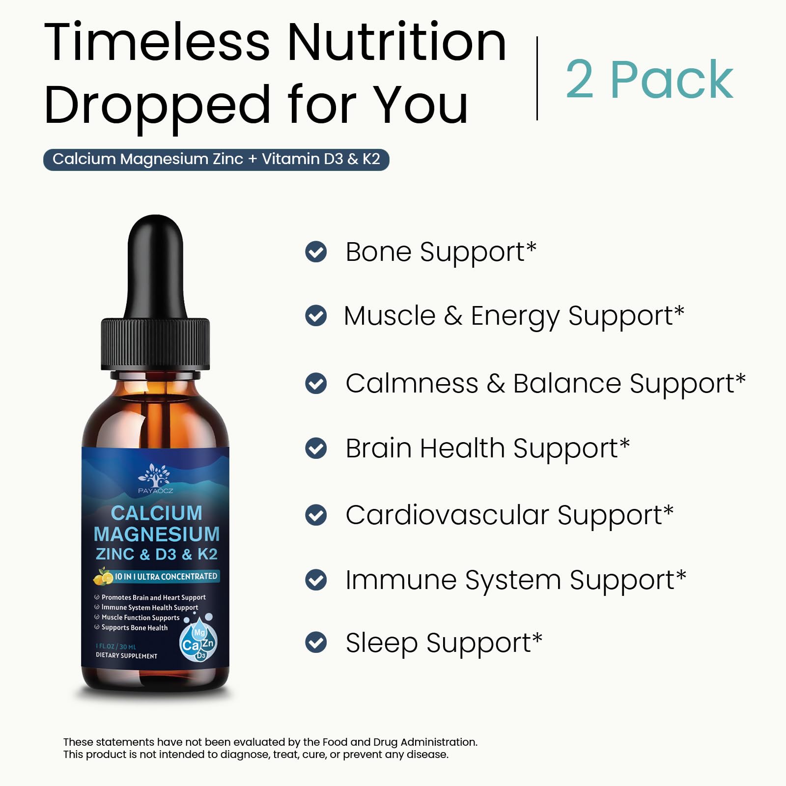 (2 Pack) 10 in 1 Magnesium Calcium Zinc Supplement with Vitamin C D3 K2, Glycinate Mag Vegan Liquid Drops Plus L-Theanine Boron Sea Moss Extract, Immune Support - dailyvitalstore