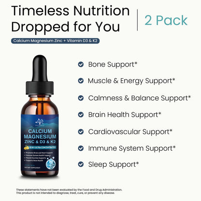 (2 Pack) 10 in 1 Magnesium Calcium Zinc Supplement with Vitamin C D3 K2, Glycinate Mag Vegan Liquid Drops Plus L-Theanine Boron Sea Moss Extract, Immune Support - dailyvitalstore
