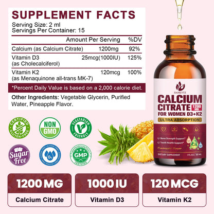 (2 Pack) Calcium Citrate with Vitamin D3 Liquid Drops for Women - Bones, Teeth, Immune Support, 1200mg Calcium Citrate Liquid Drops - dailyvitalstore