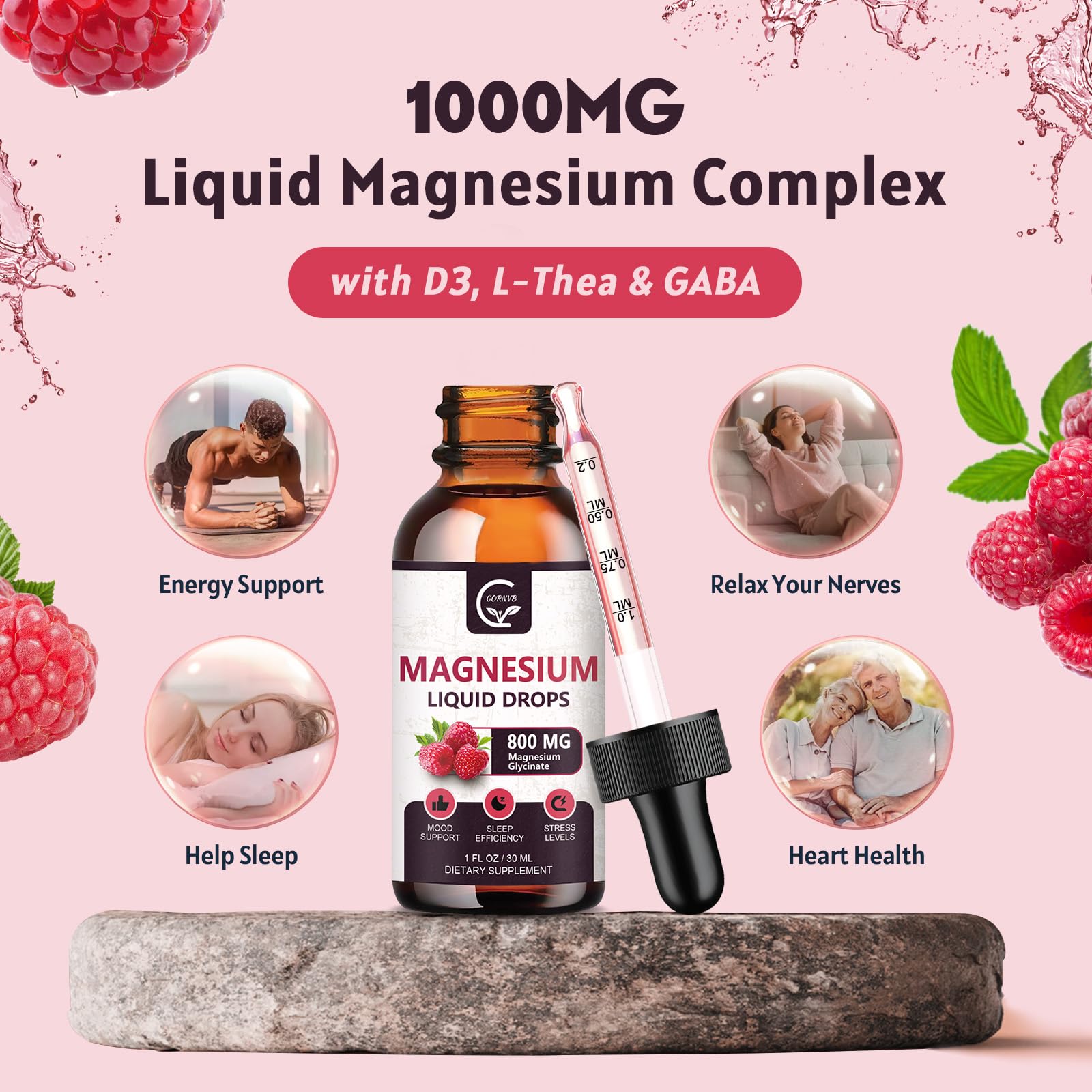 (2 Pack) Magnesium Glycinate Liquid Drops | 1000mg Liquid Magnesium Complex with D3, L-Thea & GABA for Energy, Sleep, Nerve and Heart Health, High Absorption, Raspberry Flavor - dailyvitalstore