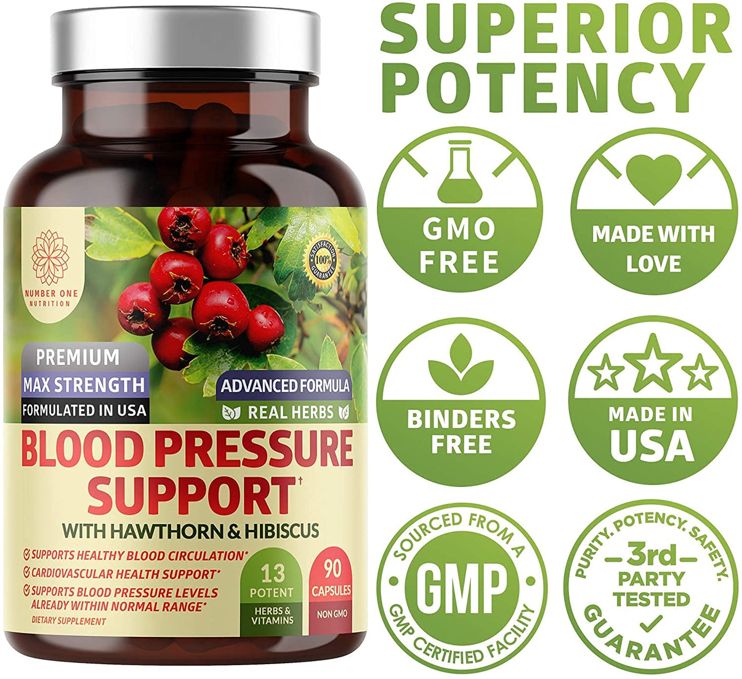 2-Pack N1N Premium Blood Pressure Support with Hawthorn and Hibiscus [13 Potent Ingredients], Natural Supplement to Support Blood Flow Health, 180 Caps - dailyvitalstore