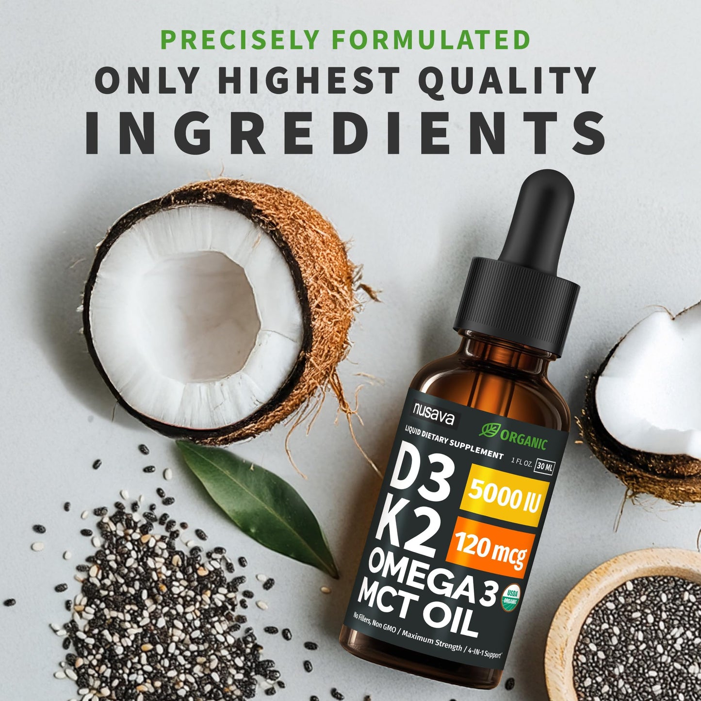 (2 Pack) Organic Vitamin D3 K2 Drops with MCT Oil Omega 3, 5000 IU — Liquid D3, No Fillers, Non-GMO, Immune Support (Unflavored, 2 Fl Oz) - dailyvitalstore
