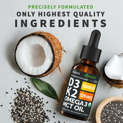 (2 Pack) Organic Vitamin D3 K2 Drops with MCT Oil Omega 3, 5000 IU — Liquid D3, No Fillers, Non-GMO, Immune Support (Unflavored, 2 Fl Oz) - dailyvitalstore