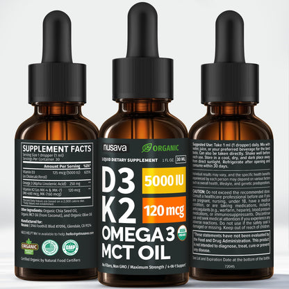 (2 Pack) Organic Vitamin D3 K2 Drops with MCT Oil Omega 3, 5000 IU — Liquid D3, No Fillers, Non-GMO, Immune Support (Unflavored, 2 Fl Oz) - dailyvitalstore