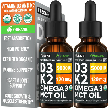 (2 Pack) Organic Vitamin D3 K2 Drops with MCT Oil Omega 3, 5000 IU — Liquid D3, No Fillers, Non-GMO, Immune Support (Unflavored, 2 Fl Oz) - dailyvitalstore
