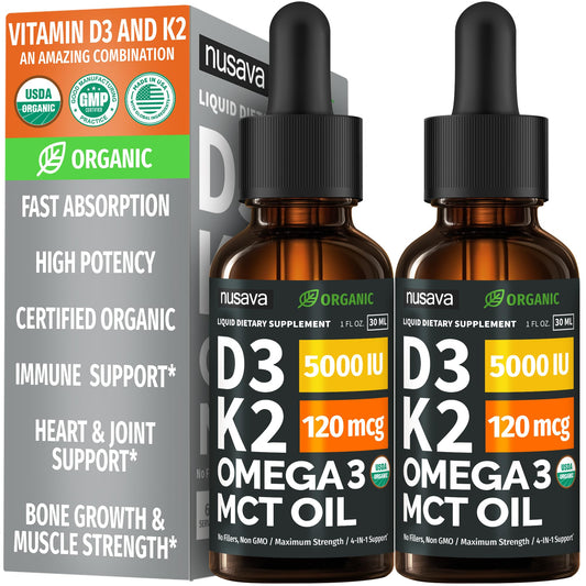 (2 Pack) Organic Vitamin D3 K2 Drops with MCT Oil Omega 3, 5000 IU — Liquid D3, No Fillers, Non-GMO, Immune Support (Unflavored, 2 Fl Oz) - dailyvitalstore