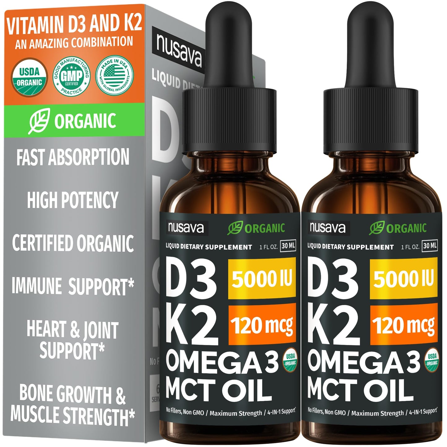 (2 Pack) Organic Vitamin D3 K2 Drops with MCT Oil Omega 3, 5000 IU, Maximum Strength Vitamin D Liquid, No Fillers, Non-GMO Liquid D3 for Faster Absorption and Immune Support (Unflavored, 2 Fl Oz) - dailyvitalstore
