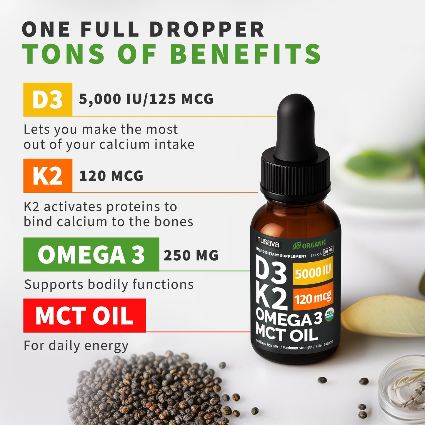 (2 Pack) Organic Vitamin D3 K2 Drops with MCT Oil Omega 3, 5000 IU, Maximum Strength Vitamin D Liquid, No Fillers, Non-GMO Liquid D3 for Faster Absorption and Immune Support (Unflavored, 2 Fl Oz) - dailyvitalstore
