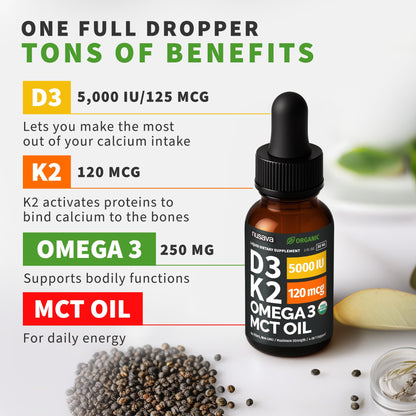 (2 Pack) Organic Vitamin D3 K2 Drops with MCT Oil Omega 3, 5000 IU, Maximum Strength Vitamin D Liquid, No Fillers, Non-GMO Liquid D3 for Faster Absorption and Immune Support (Unflavored, 2 Fl Oz) - dailyvitalstore