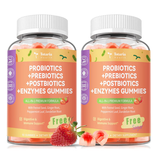 (2 Packs) Totaria Sugar Free 5-in-1 Probiotic Prebiotic Postbiotic Gummy, Probiotics for Women Men with Digestive Enzymes, Peppermint, Complete Immune, Gut & Digestive Support, Vegan Strawberry Flavor - dailyvitalstore