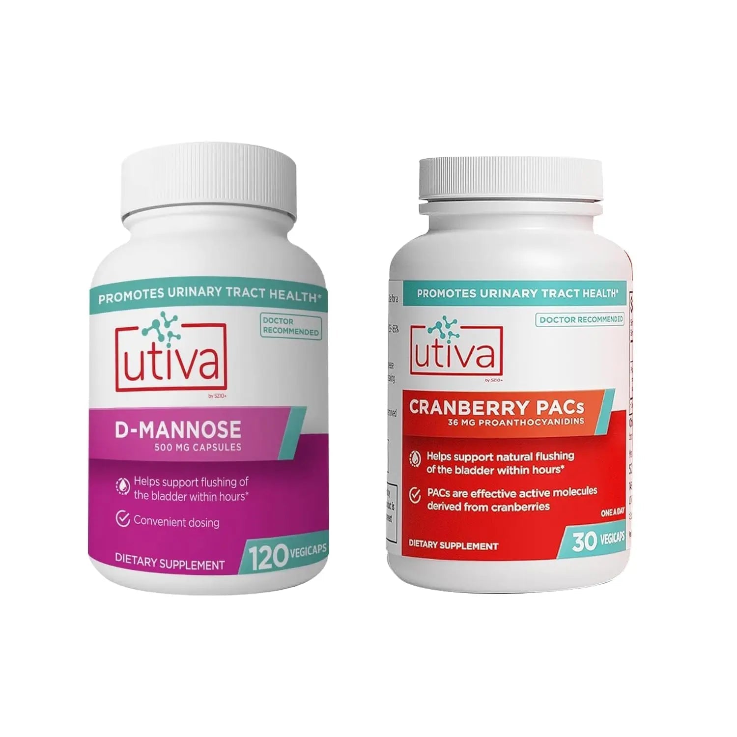 20% Bundle Utiva Cranberry PACs 30 Vegi Capsules Cranberry Supplement for Urinary Tract Health for Women and Men + Utiva D-Mannose 500mg 120 Capsules Naturally Flush The Bladder and Urinary Tract - dailyvitalstore