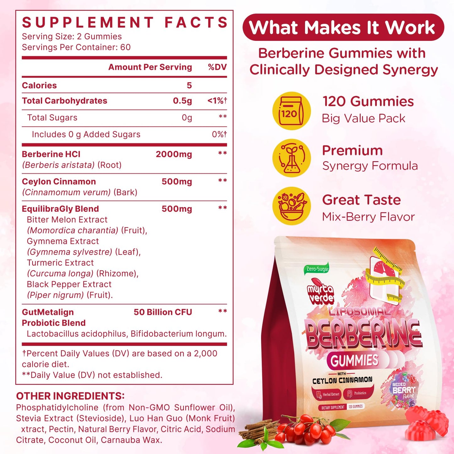 2000mg Liposomal Berberine Supplement Gummies | High Potency Berberine HCI Activates AMPK with Ceylon Cinnamon | Advanced Absorption | Zero Sugar Mixed-Berry | 120 Count - dailyvitalstore