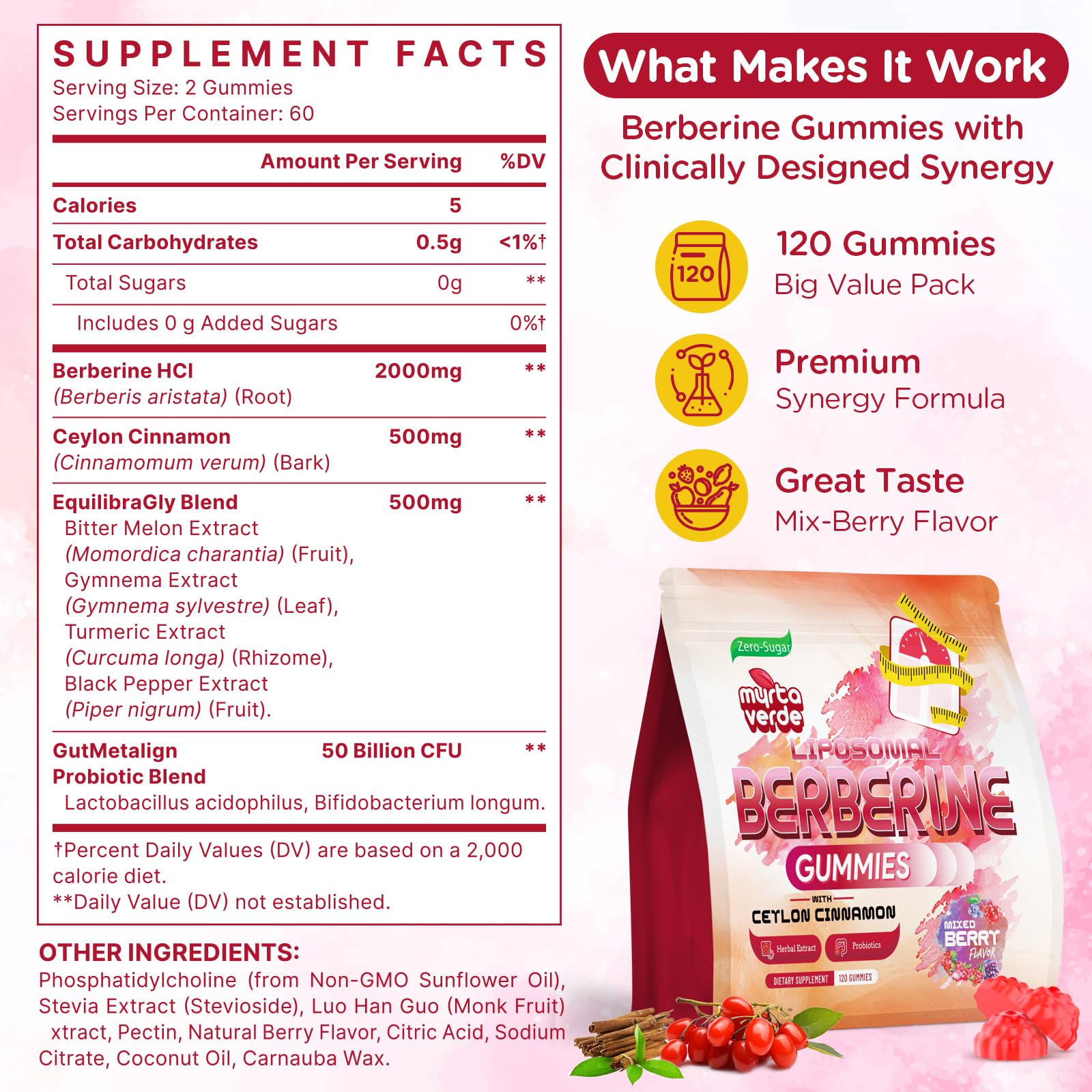 2000mg Liposomal Berberine Supplement Gummies | High Potency Berberine HCI Activates AMPK with Ceylon Cinnamon | Advanced Absorption | Zero Sugar Mixed-Berry | 120 Count - dailyvitalstore
