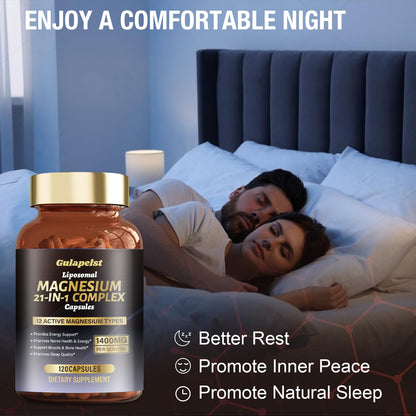 21 in 1 Liposomal 1400mg Magnesium Complex (Citrate, Glycinate, Malate etc) Capsule - 12 Active Types Magnesium with Vitamin D3, B6, B12, C, Ashwagandha & CoQ10 for Women & Men - Support Bone & Muscle - dailyvitalstore