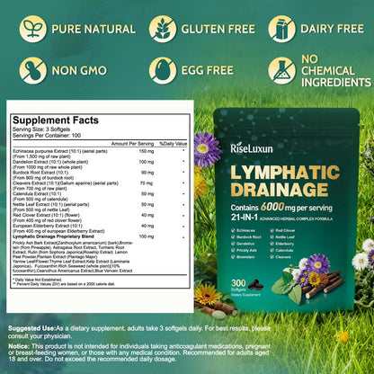 21-in-1 Liposomal Lymphatic Drainage Supplements, 100 Day Supply, 6000mg Lymph System Support for Women & Men with Echinacea, Dandelion, Burdock, Bromelain, Calendula, Turmeric & More, 300 Softgels - dailyvitalstore