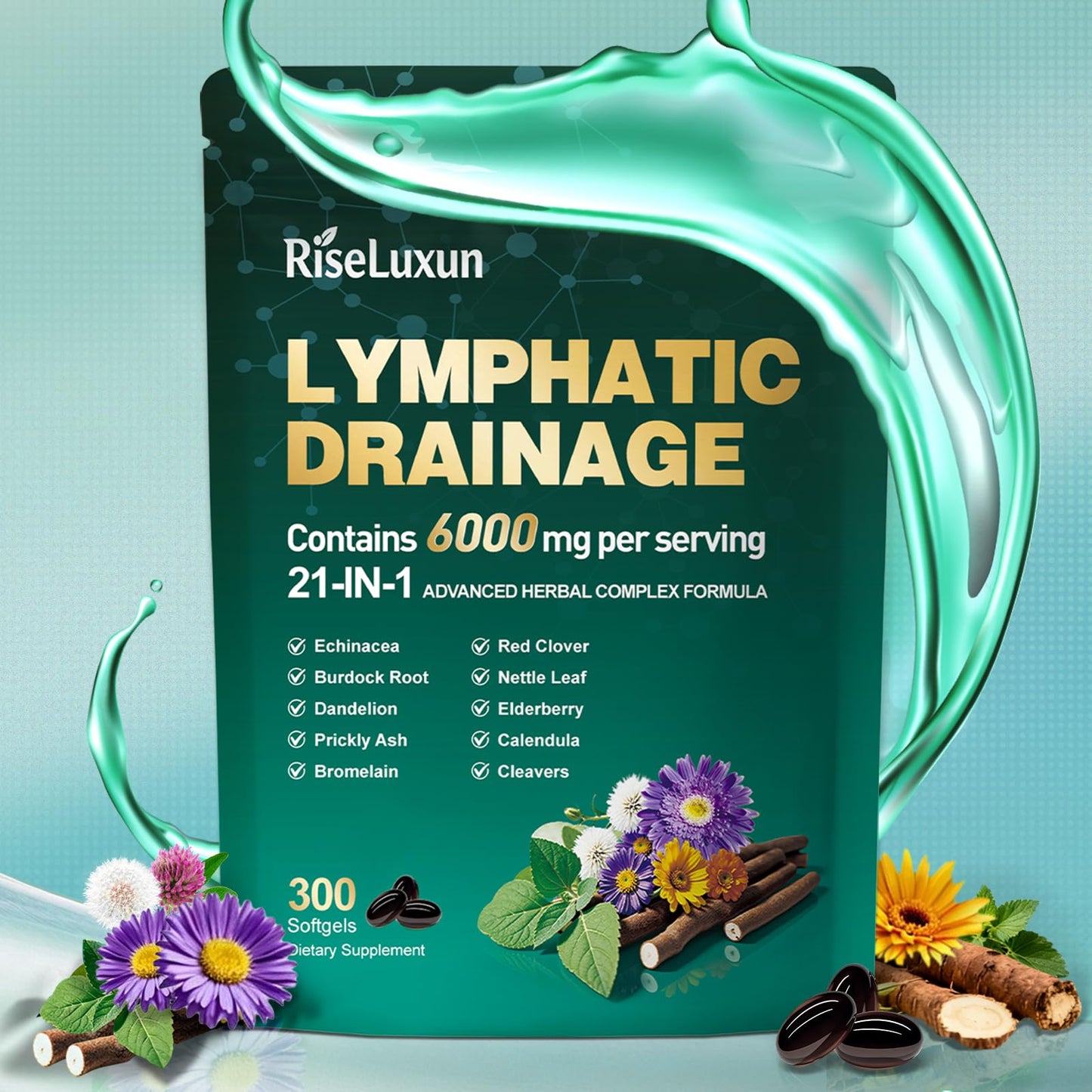 21-in-1 Liposomal Lymphatic Drainage Supplements, 100 Day Supply, 6000mg Lymph System Support for Women & Men with Echinacea, Dandelion, Burdock, Bromelain, Calendula, Turmeric & More, 300 Softgels - dailyvitalstore