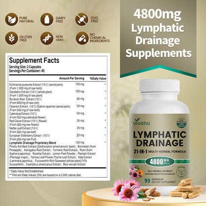 21-in-1 Liposome Lymphatic Drainage Supplements, 45 Day Supply, 4800mg Immune & Lymph System Support, 10:1 Concentrated Technology, Echinacea, Dandelion, Burdock, Bromelain, Calendula, 90 Capsules - dailyvitalstore