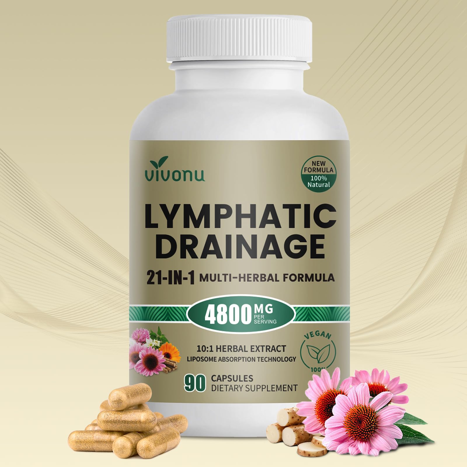 21-in-1 Liposome Lymphatic Drainage Supplements, 45 Day Supply, 4800mg Immune & Lymph System Support, 10:1 Concentrated Technology, Echinacea, Dandelion, Burdock, Bromelain, Calendula, 90 Capsules - dailyvitalstore