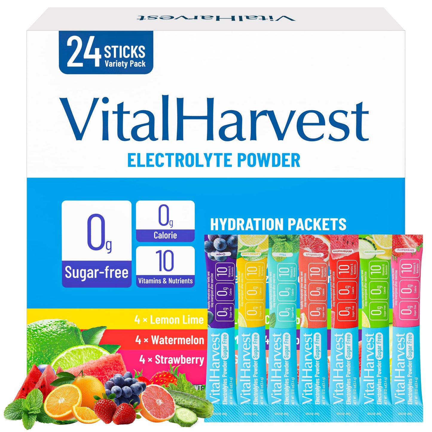 24 Sticks Electrolytes Powder Packets 7 Flavors Sugar Free Hydration Packets Liquid Daily IV Drink Mix, Low Sodium, Lemon Lime, Watermelon, Strawberry, Grape - dailyvitalstore