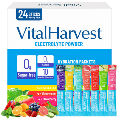 24 Sticks Electrolytes Powder Packets 7 Flavors Sugar Free Hydration Packets Liquid Daily IV Drink Mix, Low Sodium, Lemon Lime, Watermelon, Strawberry, Grape - dailyvitalstore