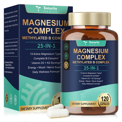 25-in-1 Magnesium Complex with Methylated B Complex Magnesium Glycinate Citrate Malate Taurate Gluconate Aspartate Carbonate D3 K2, Magnesium Supplement for Relaxation Energy & Nerve, 120 Vegan Caps - dailyvitalstore