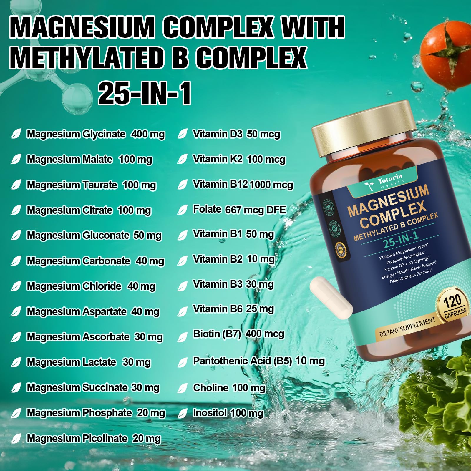 25-in-1 Magnesium Complex with Methylated B Complex Magnesium Glycinate Citrate Malate Taurate Gluconate Aspartate Carbonate D3 K2, Magnesium Supplement for Relaxation Energy & Nerve, 120 Vegan Caps - dailyvitalstore