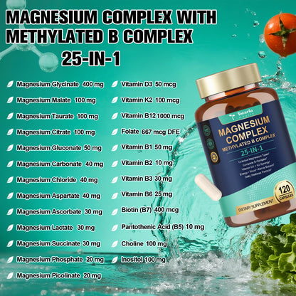 25-in-1 Magnesium Complex with Methylated B Complex Magnesium Glycinate Citrate Malate Taurate Gluconate Aspartate Carbonate D3 K2, Magnesium Supplement for Relaxation Energy & Nerve, 120 Vegan Caps - dailyvitalstore