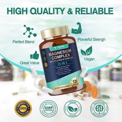 25-in-1 Magnesium Complex with Methylated B Complex Magnesium Glycinate Citrate Malate Taurate Gluconate Aspartate Carbonate D3 K2, Magnesium Supplement for Relaxation Energy & Nerve, 120 Vegan Caps - dailyvitalstore