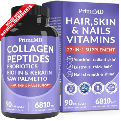 27-in-1 Hair Skin and Nails Vitamins (6810mg) with Biotin 10000mcg - Collagen Supplements for Men and Women - Keratin Supplements with Probiotics - dailyvitalstore