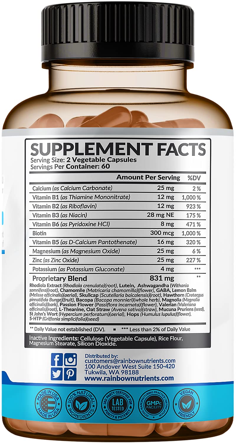 28 in 1 Calm Mood Support Supplement- Natural Happy Pills for Occasional Anxiousness & Stress, Worry feelings, Relaxation, Mental Clarity | Max Sleep & Mood Support for Women & Men|120 Vegan Capsules - dailyvitalstore